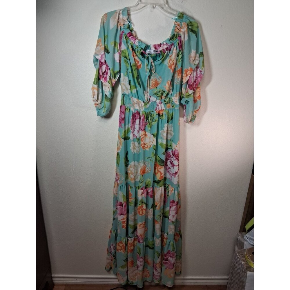 Giddy Up Glamour Maxi Dress Floral Boho Cottage Blue Size Small